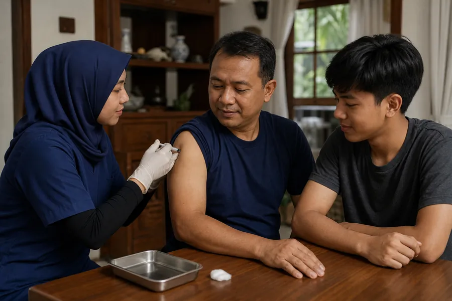 Perawat memberikan vaksinasi di lengan seorang bapak di rumah, disaksikan anaknya